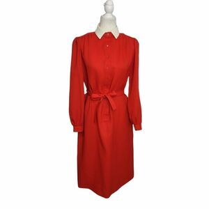 VINTAGE 70s red removable collar button‎ up academia midi dress M